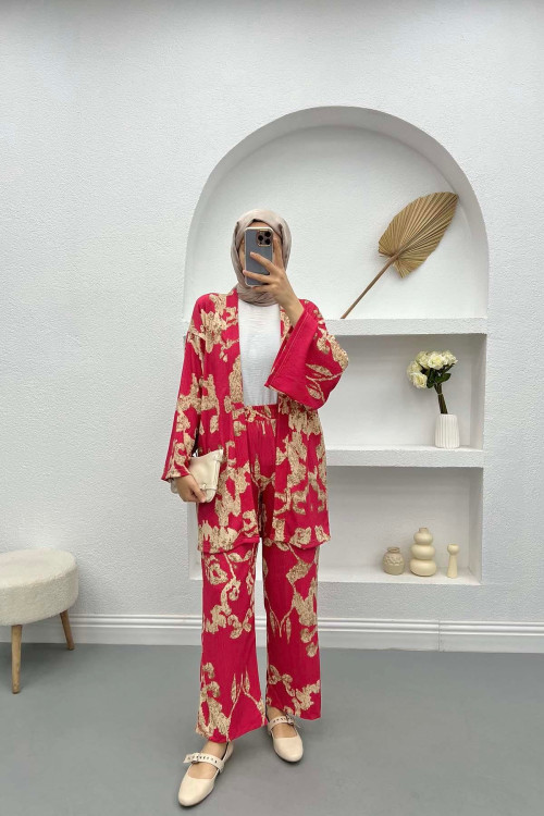 Patterned Kimono Suit Fuchsia