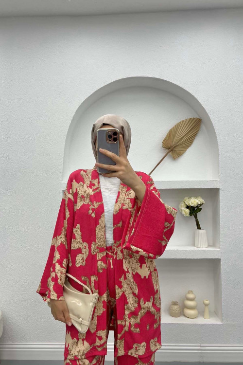 Patterned Kimono Suit Fuchsia