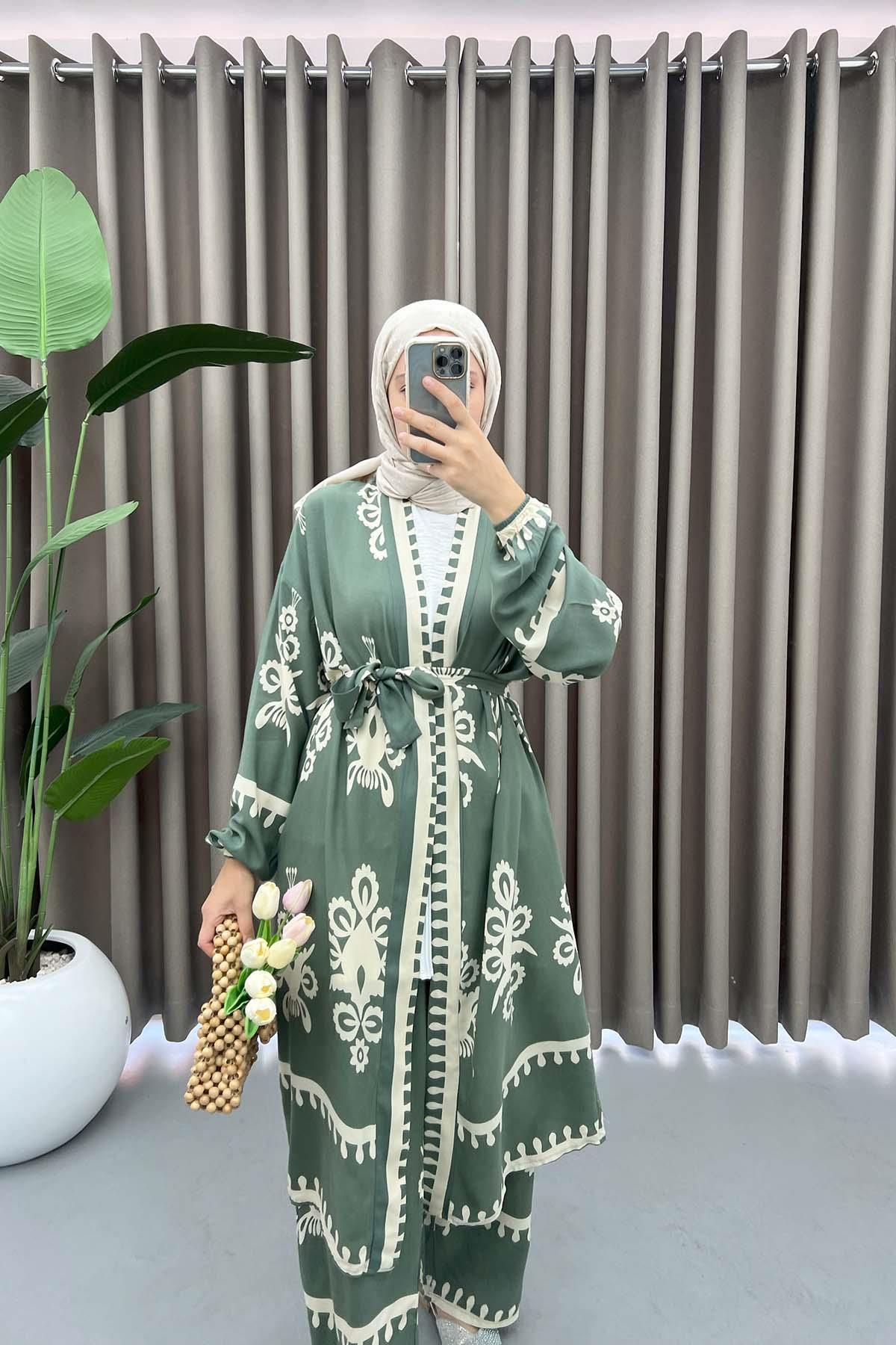 Patterned Kimono Set Khaki