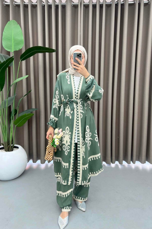 Patterned Kimono Set Khaki