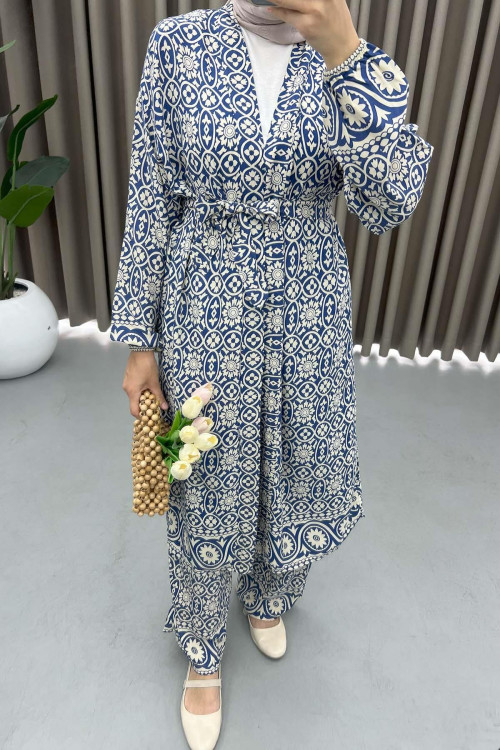 Patterned Kimono Suit Navy Blue