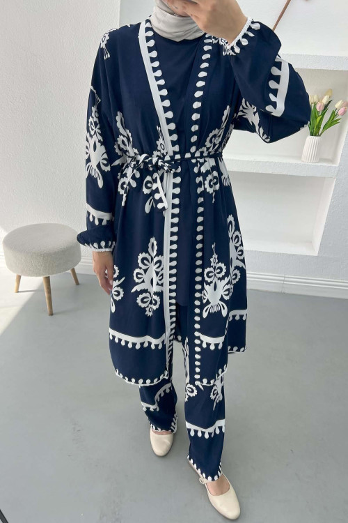 Patterned Kimono Suit Navy Blue