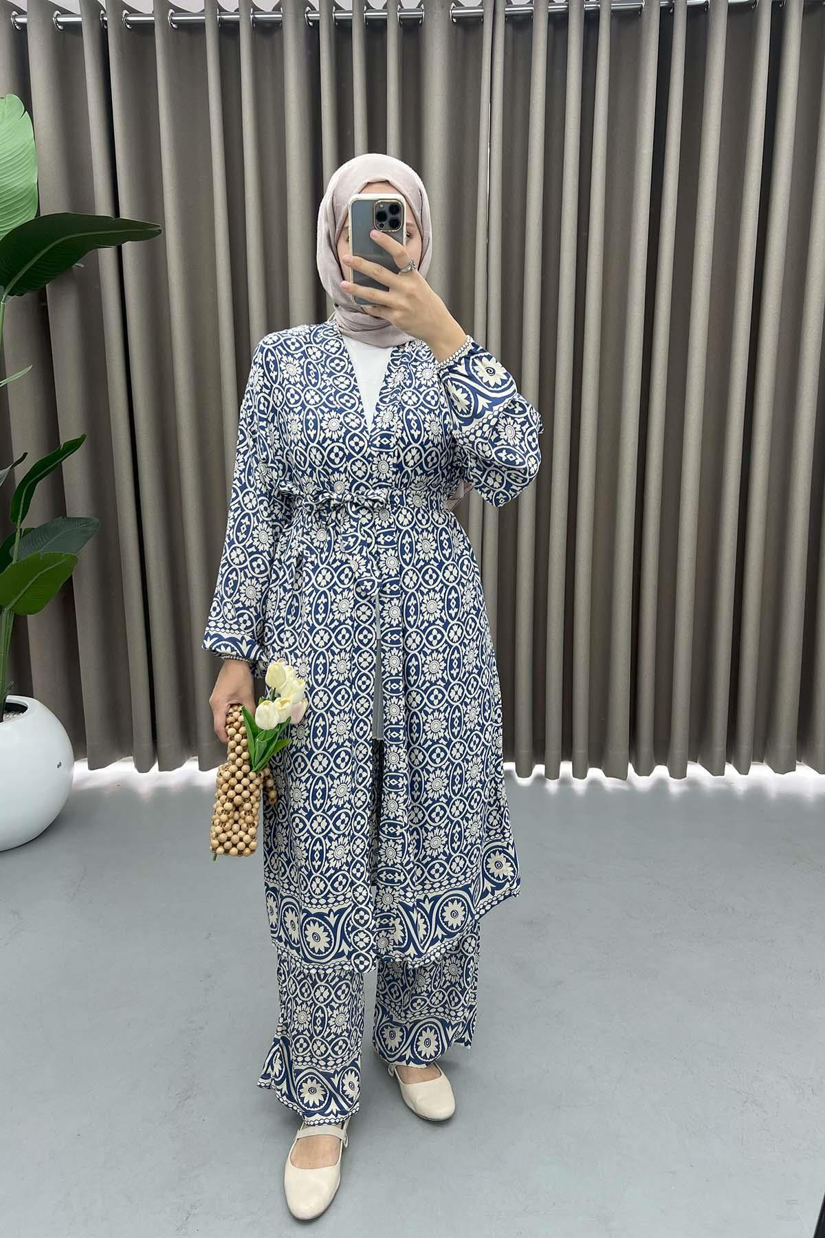 Patterned Kimono Suit Navy Blue