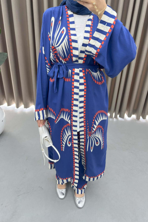 Patterned Kimono Suit Navy Blue