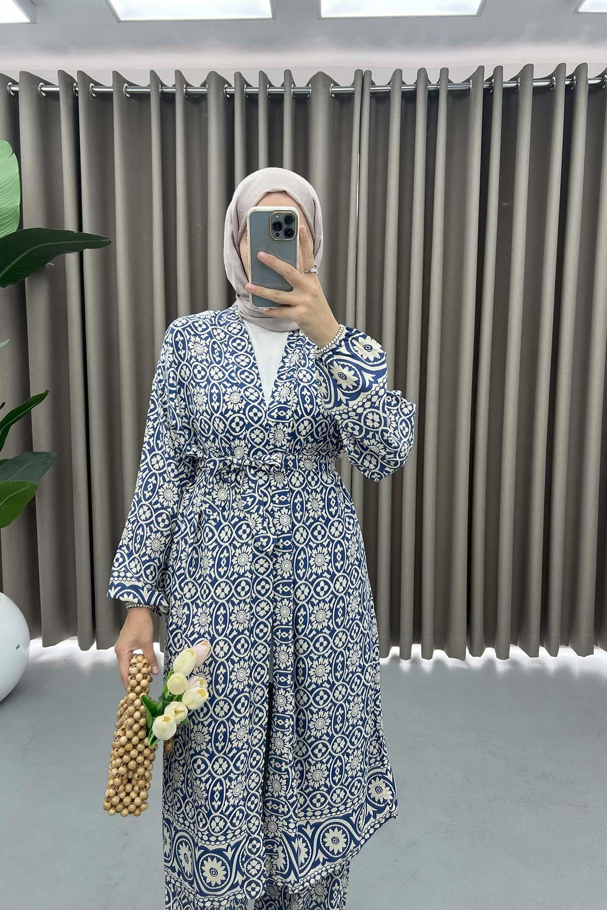 Patterned Kimono Suit Navy Blue