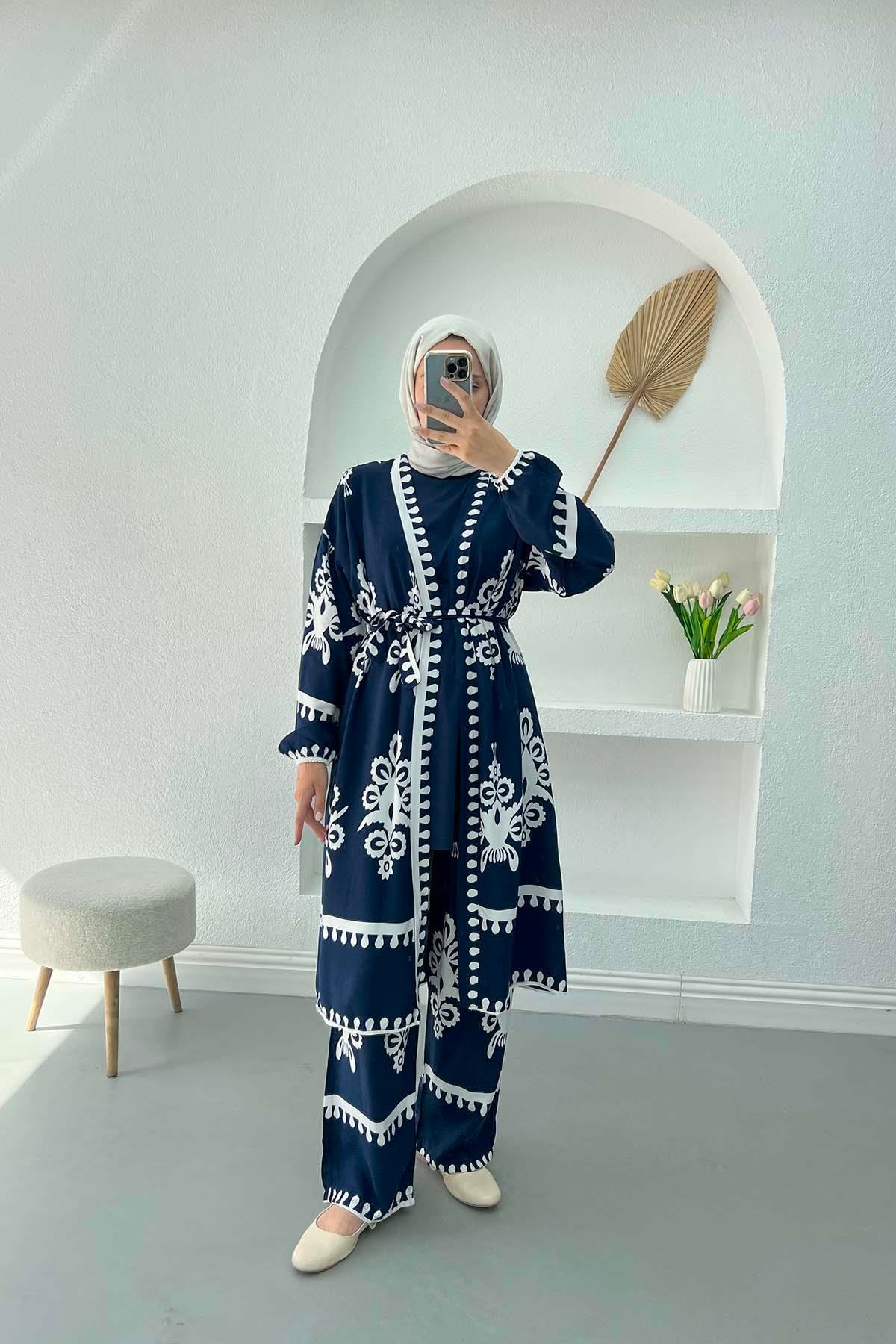 Patterned Kimono Suit Navy Blue