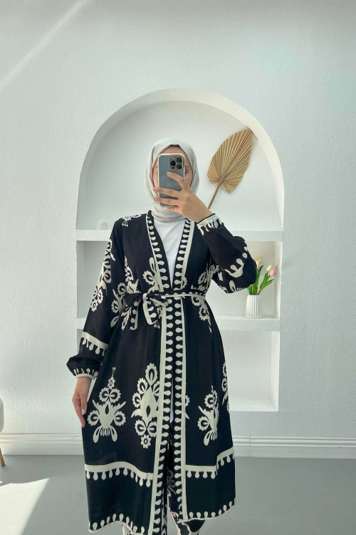 Patterned Kimono Set Black