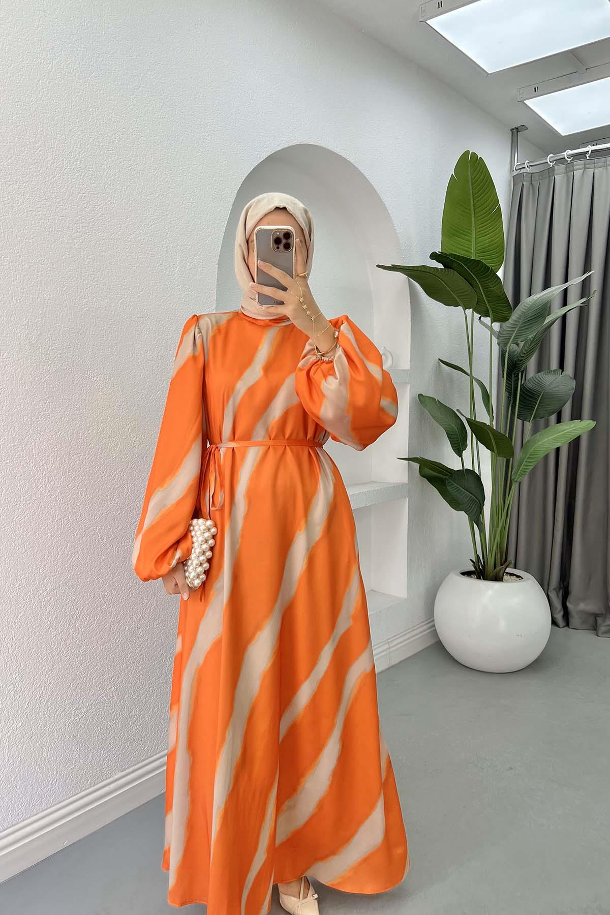 Patterned Satin Dress Orange