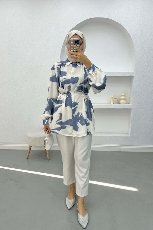 Patterned Satin Shirt Indigo