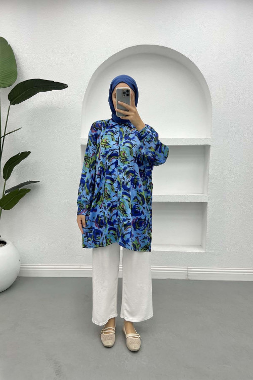 Patterned Chiffon Shirt Blue