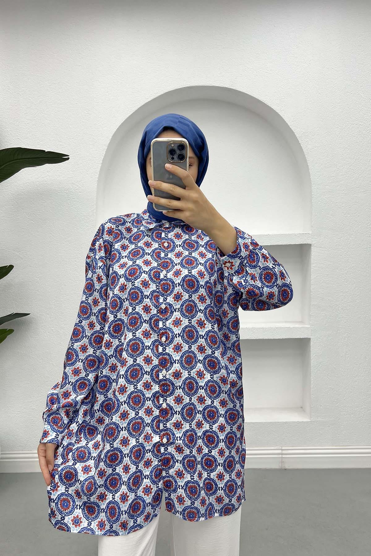 Patterned Chiffon Shirt Blue-White