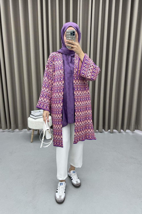 Patterned Knitted Cardigan Purple