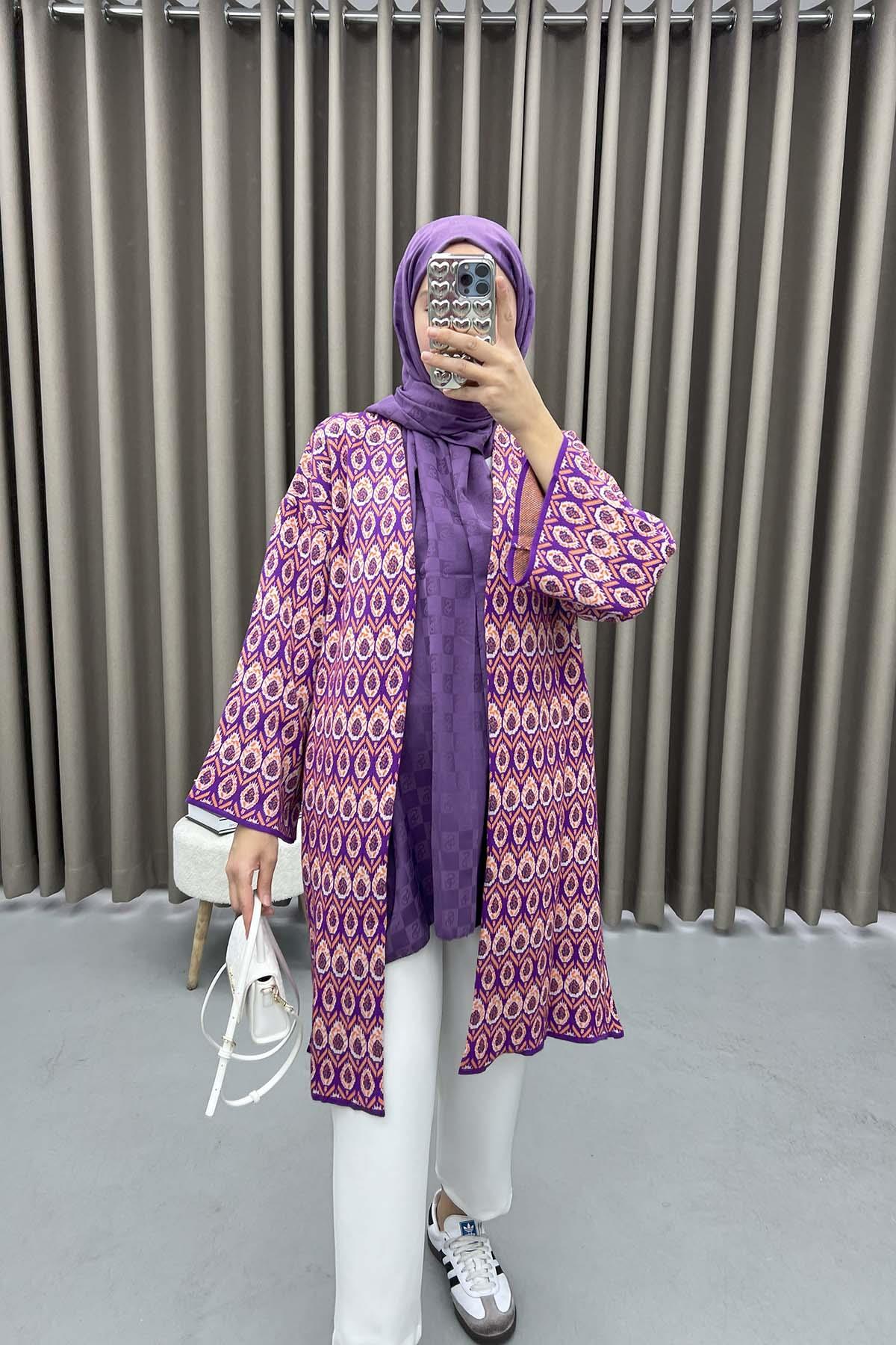 Patterned Knitted Cardigan Purple