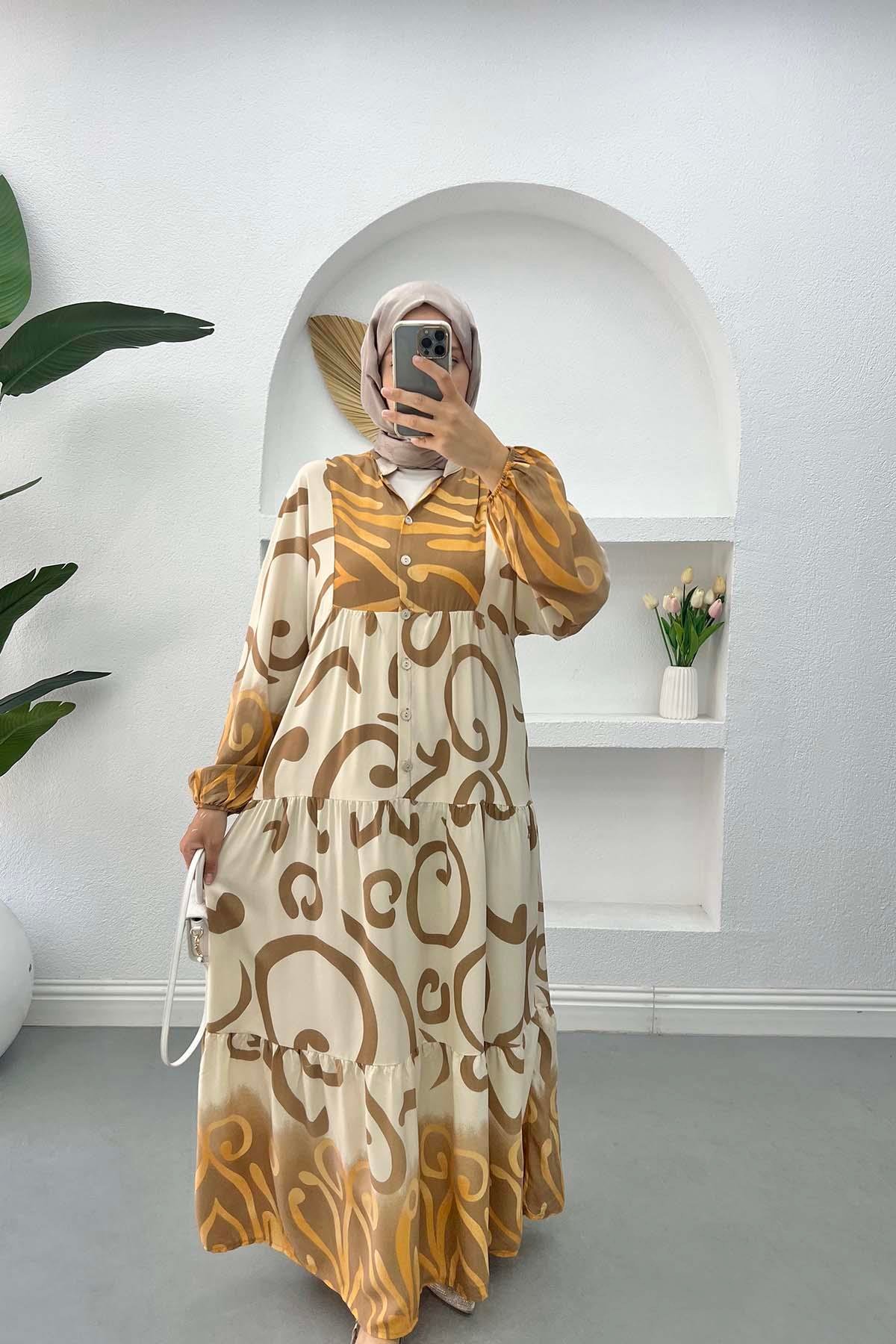 Patterned Viscose Dress Brown