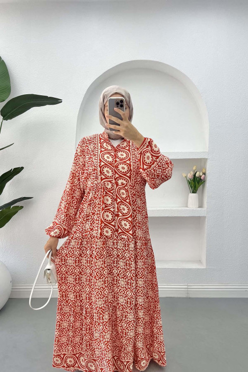 Patterned Viscose Dress Red