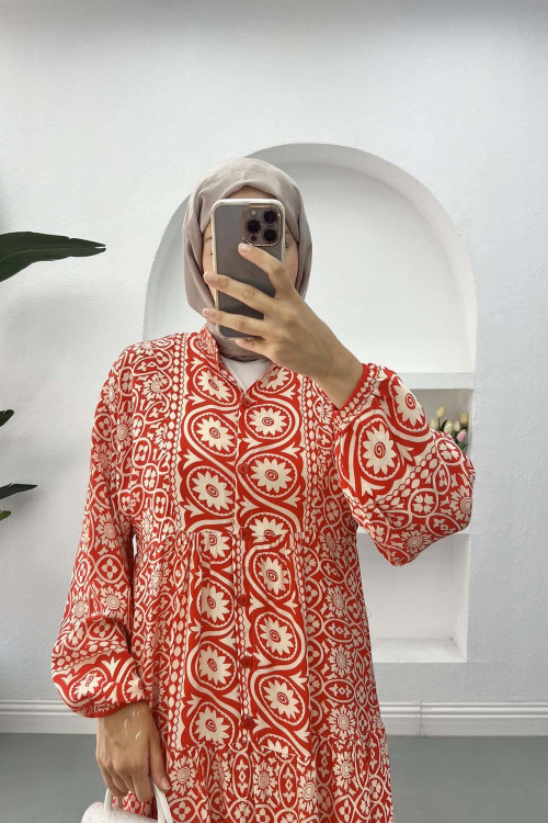 Patterned Viscose Dress Red