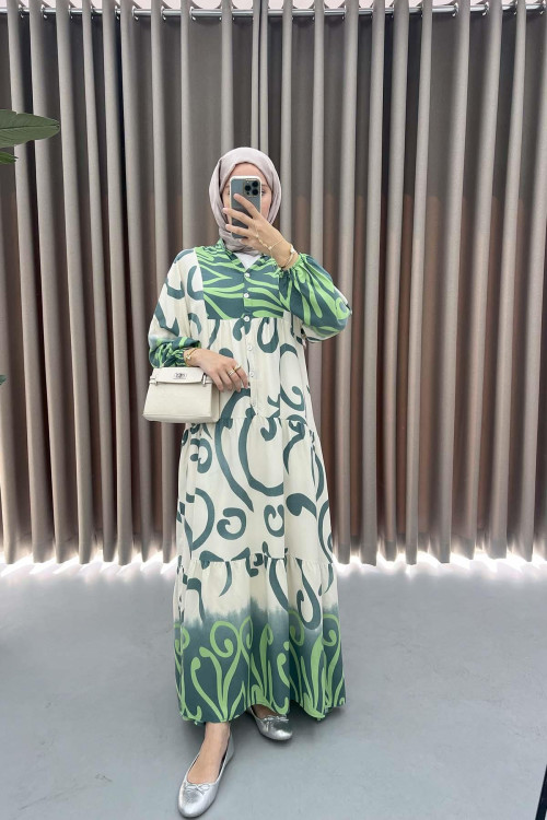 Patterned Viscose Dress Dark Green