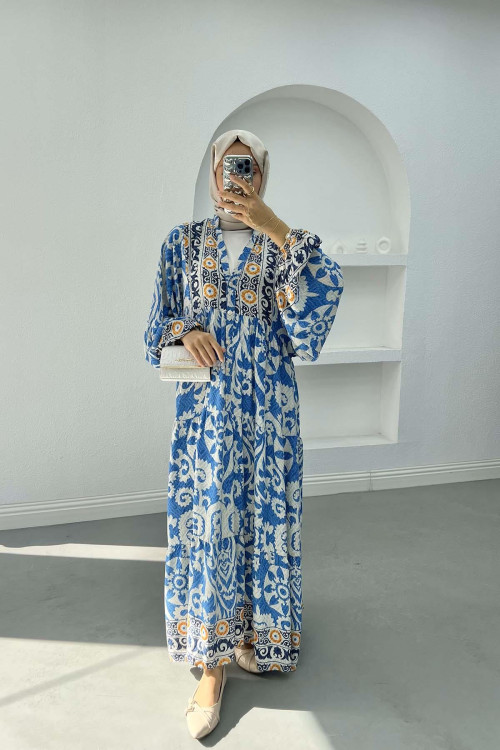 Patterned Viscose Dress Blue