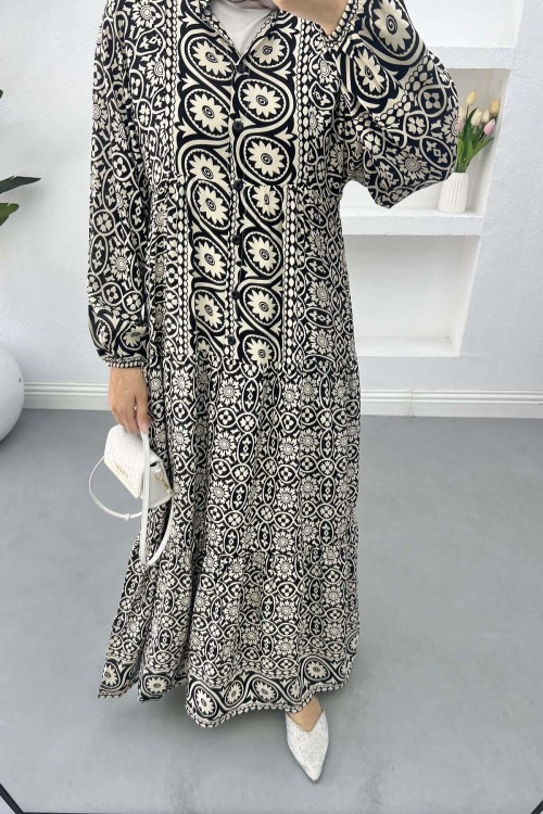 Patterned Viscose Dress Black