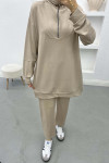 Stand Collar Zipper Suit Beige