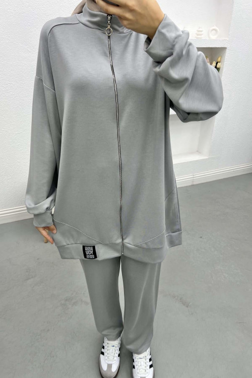 Stand Collar Zippered Suit Gray