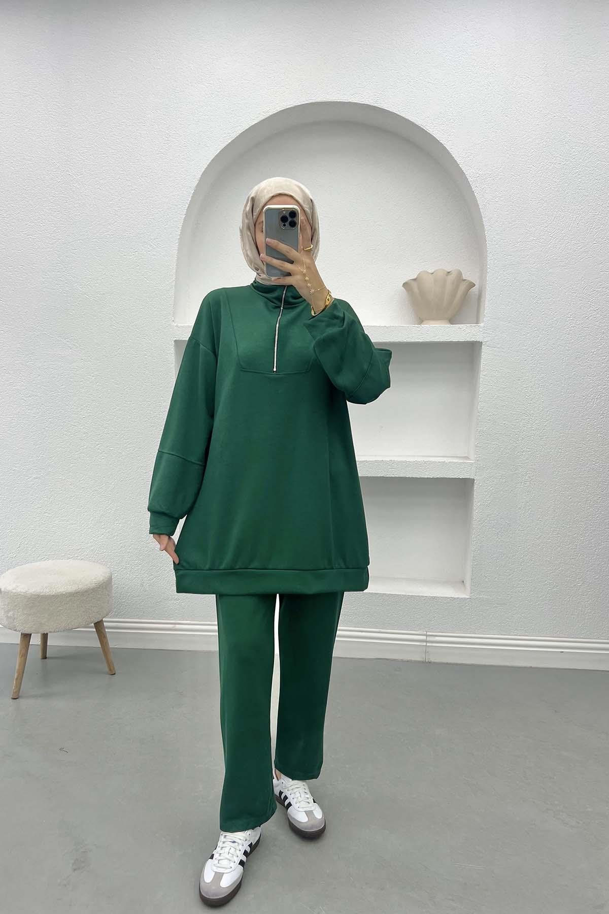 Stand Collar Zipper Suit Emerald Green