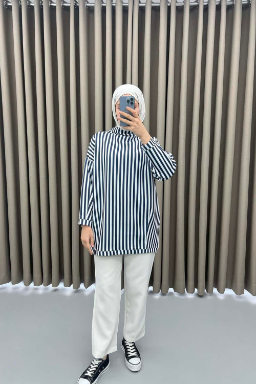 Stand Collar Scuba Blouse Blue