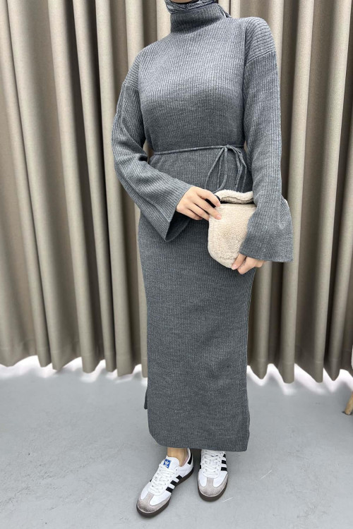 Stand Collar Knitted Dress Gray