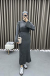 Stand Collar Knitted Dress Gray