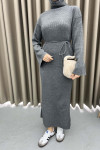 Stand Collar Knitted Dress Gray