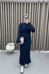 Stand Collar Knit Dress Navy Blue