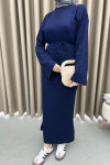 Stand Collar Knit Dress Navy Blue