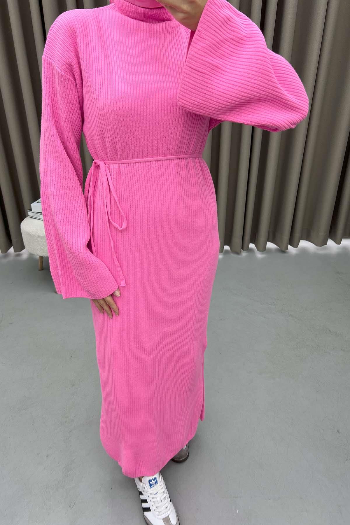 Stand Collar Knitted Dress Pink