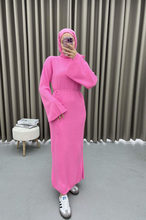 Stand Collar Knitted Dress Pink