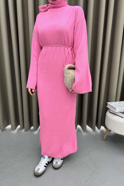 Stand Collar Knitted Dress Pink