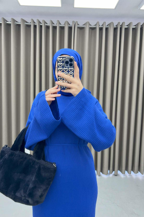 Stand Collar Knitwear Dress Saxe Blue