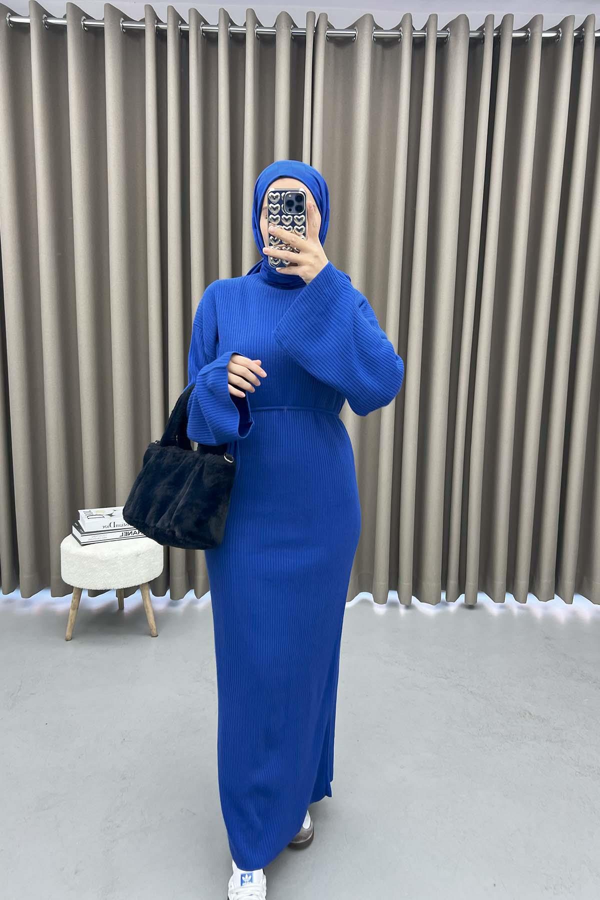 Stand Collar Knitwear Dress Saxe Blue