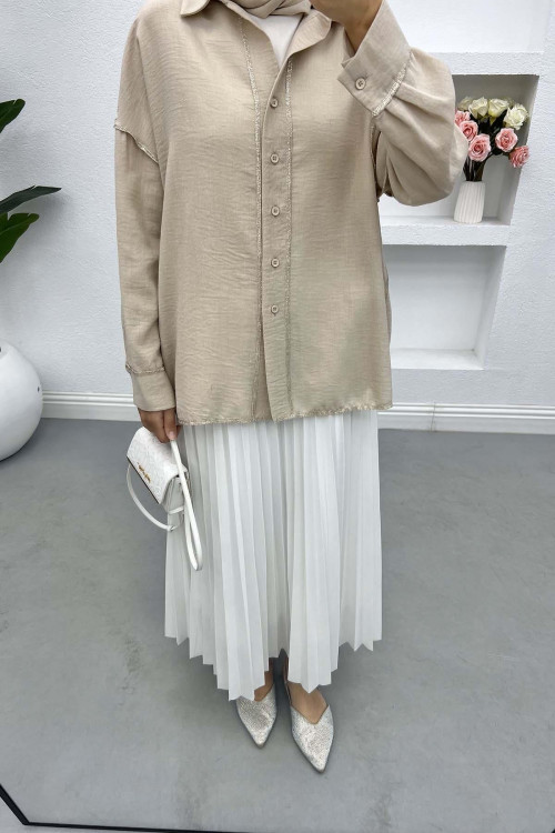 Shiny Linen Shirt Beige with Stitching Details