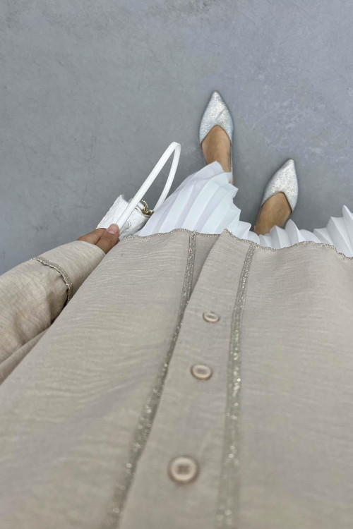 Shiny Linen Shirt Beige with Stitching Details