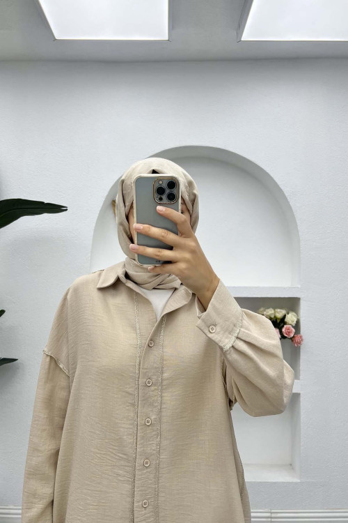 Shiny Linen Shirt Beige with Stitching Details