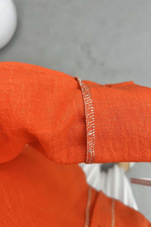 Shiny Linen Shirt with Stitching Details Coral