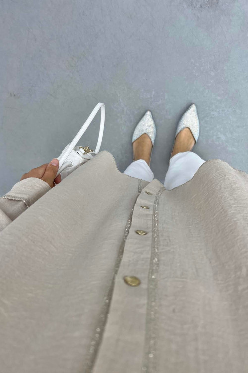 Shiny Long Shirt Beige with Stitching Details