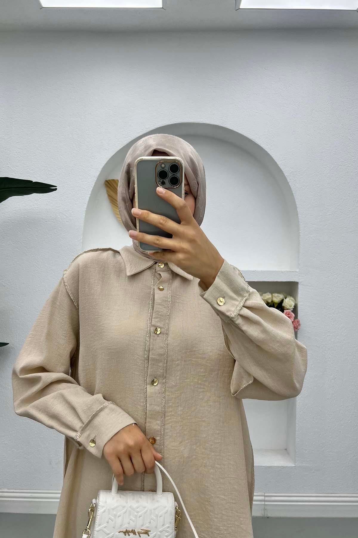 Shiny Long Shirt Beige with Stitching Details