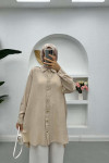 Shiny Long Shirt Beige with Stitching Details