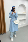 Button Detailed Pocket Trench Coat Light Blue