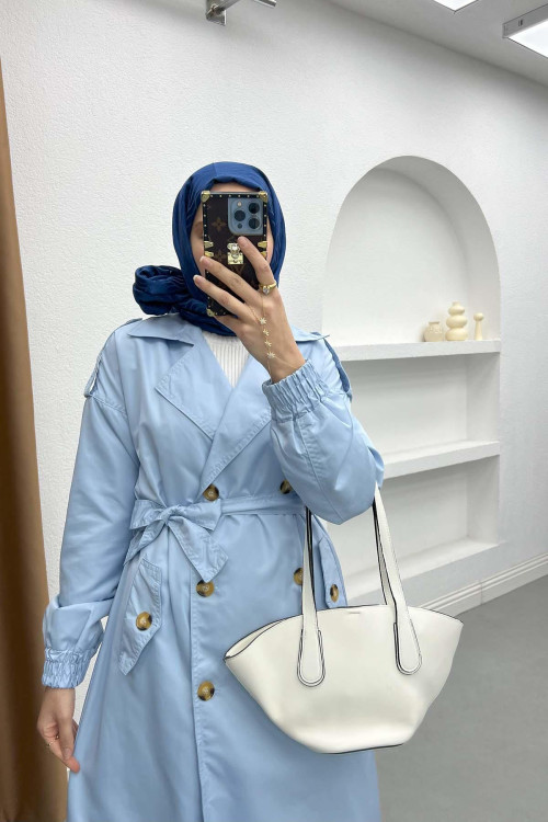 Button Detailed Pocket Trench Coat Light Blue