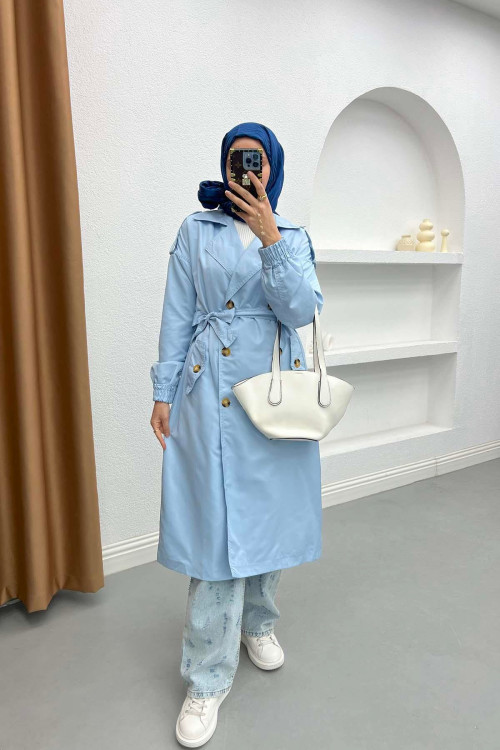 Button Detailed Pocket Trench Coat Light Blue