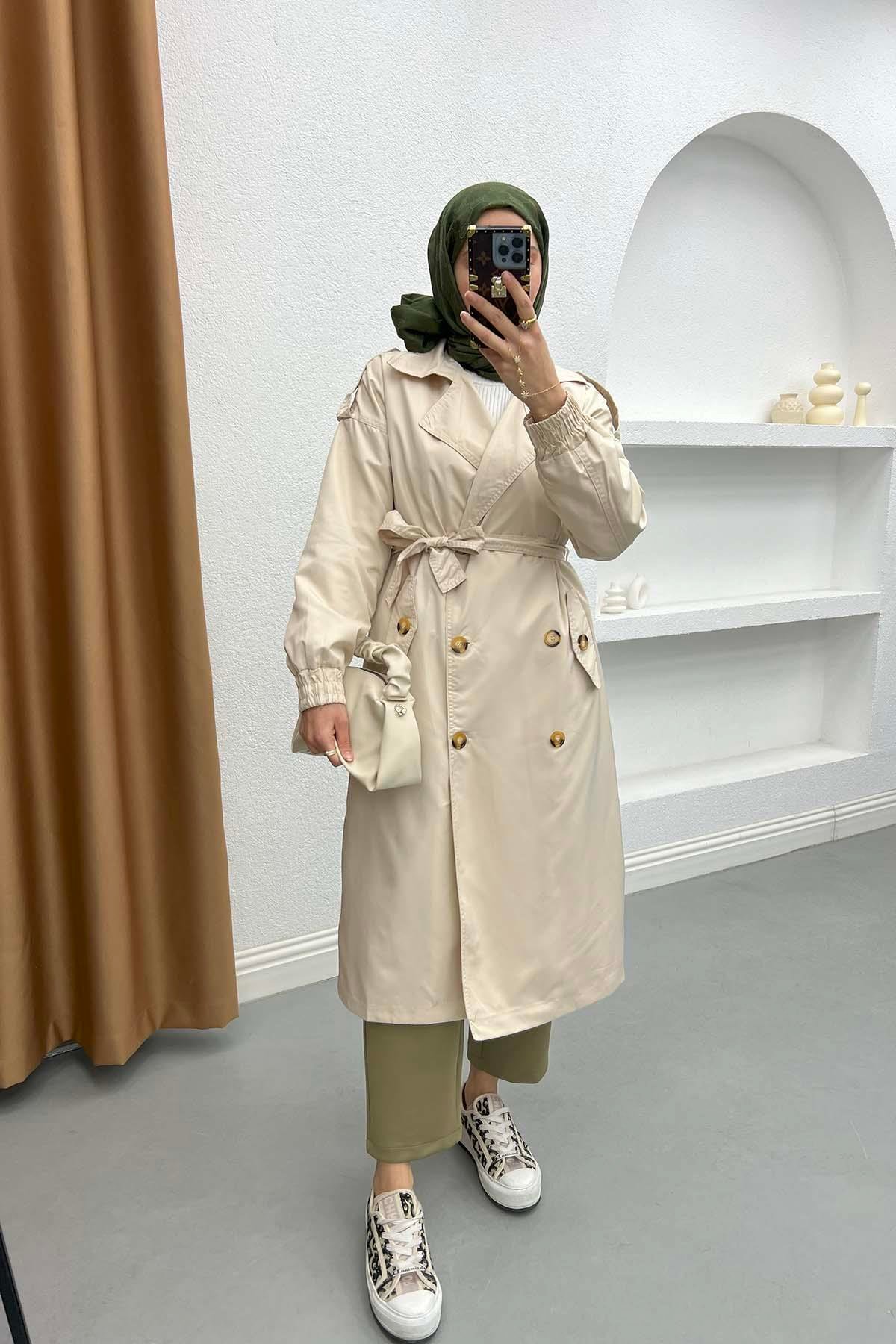 Button Detailed Pocket Trench Coat Beige