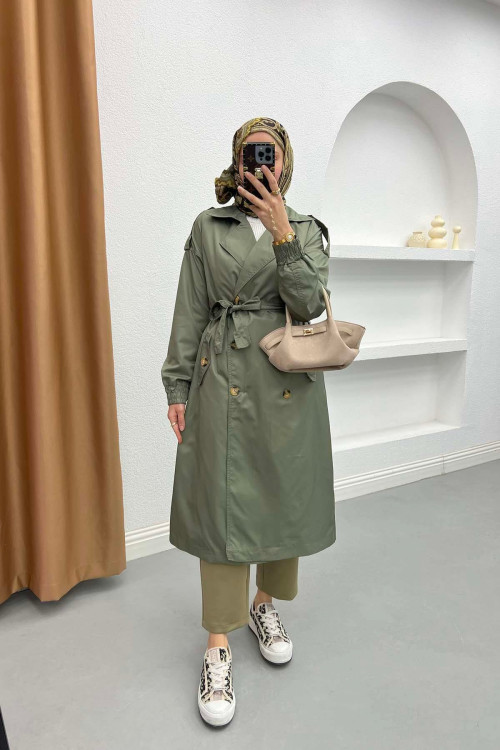 Button Detailed Pocket Trench Coat Khaki