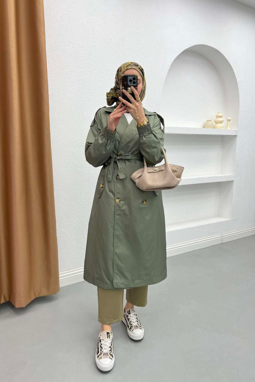 Button Detailed Pocket Trench Coat Khaki